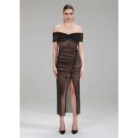 SELF-PORTRAIT Embellished Mesh Off-shoulder Black Dress Gown Cocktail Sz 0 - Picture 12 of 16
